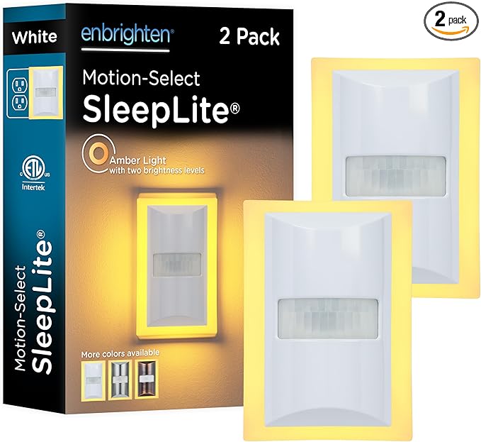 Enbrighten SleepLite Motion Sensor Night Lights Plug Into Wall Nightlight Amber Light Bathroom Bedroom Kitchen Nursery Kids Adults White 2-Pack