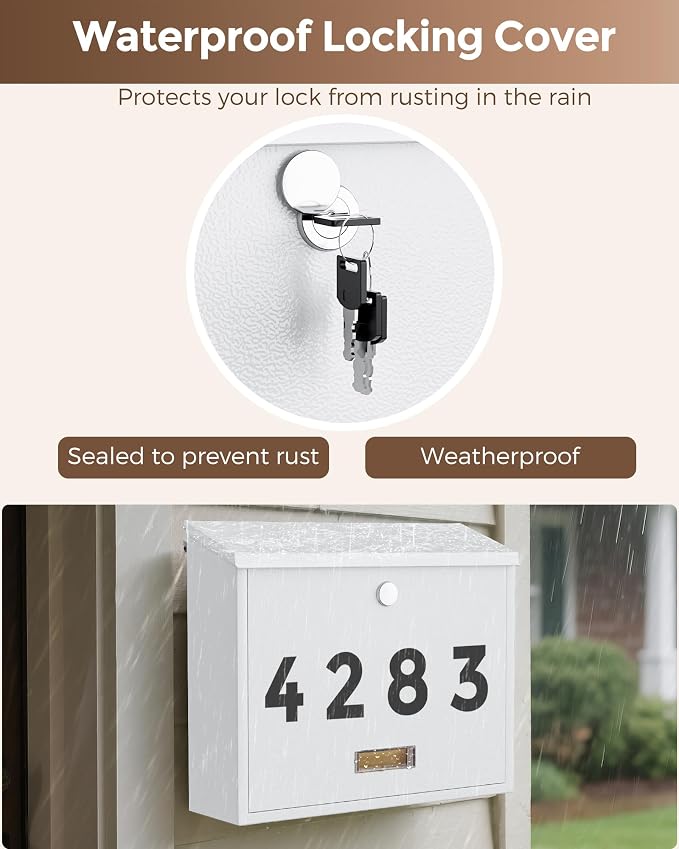 LAND·VOI Locking Wall-Mount Mailbox for Outside, with 4 Keys, Galvanized Steel Rustproof Metal Postbox, 4" Dx13.8 Wx11.2 H, Includes 3 Sets of Mailbox Numbers, Nameplate, White