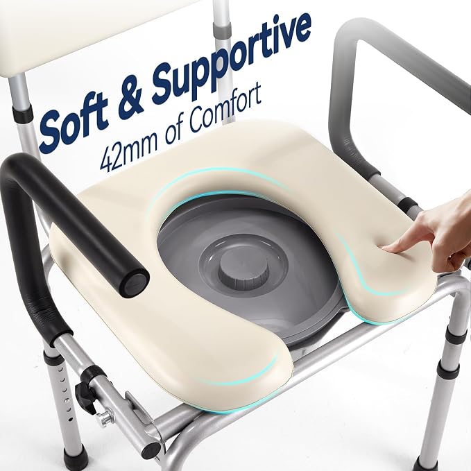 Drop Arm Bedside Commode, Portable Toilet for Adults up to 400lbs | Commode Toilet Chair w/ Padded Seat and Backrest, 6.3QT Removable Bucket Splash Guard, Paper Holder, Height Adjustable Beige
