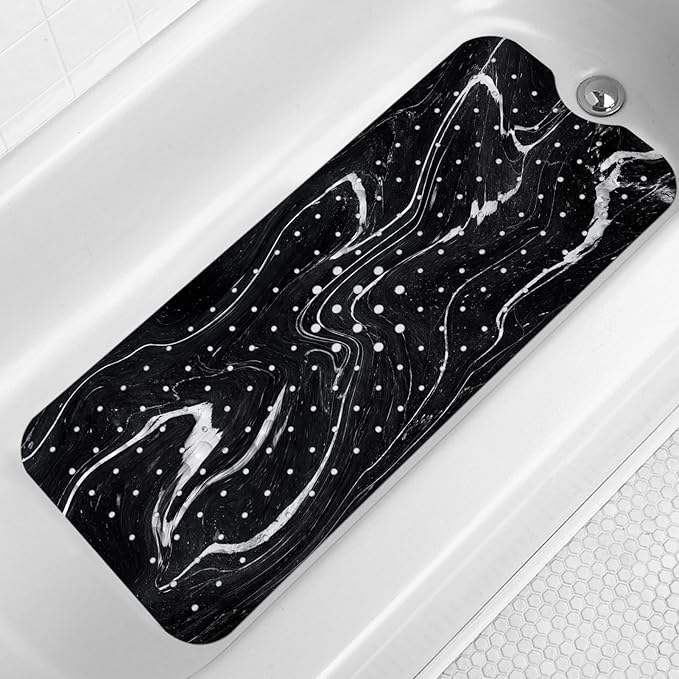 LNOND Marble Bath Tub Mat Non Slip, Extra Long 40 X 16 Inch Anti Slip Mat for Bathtub, Abstract Black White Marble Shower Mat with Drain Holes and Suction Cups, Machine Washable