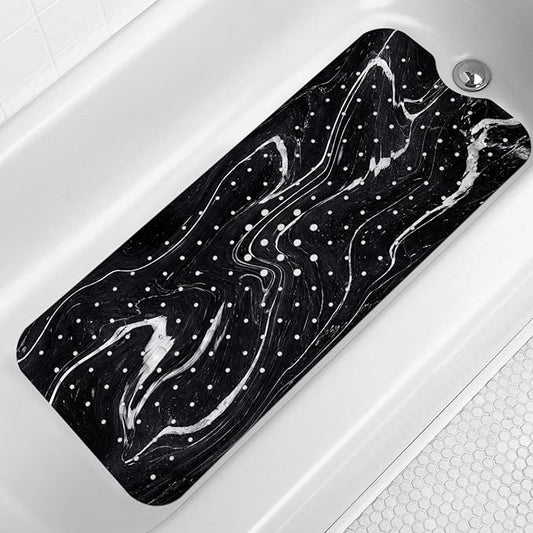LNOND Marble Bath Tub Mat Non Slip, Extra Long 40 X 16 Inch Anti Slip Mat for Bathtub, Abstract Black White Marble Shower Mat with Drain Holes and Suction Cups, Machine Washable