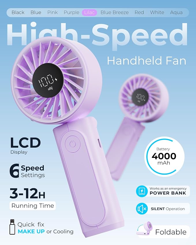 Peiyuu Portable Fan, 4000mAh USB Rechargeable, 180° Foldable Mini Desk Fan, 6 Wind Speed, LCD Digital Display, Lanyard as Neck Fan, Ultra Quiet, Pocket Size for Indoor Outdoor