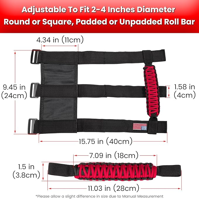 4 x Roll Bar Grab Handles Grip Handle for Jeep Wrangler JK JKU JL JLU TJ YJ Sport Sahara Freedom Rubicon Unlimited Gladiator JT 1955-2023 UTV ATV Premium Paracord Interior Accessories US Flag (Red)