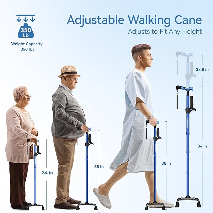 KingPavonini Walking Cane for Women/Men with Second Handle, Foldable & Adjustable Quad Cane with 4-Pronged Base for Standing, Lightweight Walking Aid for Seniors & Adults