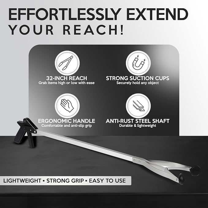 Suction Cup Grabber Reacher 32"" - Elderly Grab It Reaching Pickup Tool Heavy Duty for Seniors - Trash, Sticks, Litter Picker Upper - Extra Long Reach Handle & Handy Extension Arm Claw (2), Grey