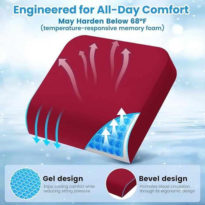 Wheelchair Seat Cushion for Pressure Relief, Cooling Gel Memory Foam Chair Cushion with Slope-Edge Design, Coccyx Support for Tailbone Pain, Non-Slip, for Wheelchairs, Office Chairs & Car Seats, Red
