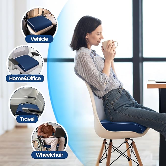SweetSlubr Seat Cushion for Tailbone Pain Relief, Office Chair Cushion, Memory Foam Large Chair Pad with Non-Slip Cover for Soft Support at Office Chair, Car Seat, Airplane Dark Blue/Large