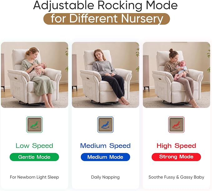 Power Nursery Recliner with Auto Rocking,Oversized Swivel Rocker Recliner with Massage and Heat,Glider Recliner Nursery Chair with Adjustable Headrest for Living Room and Bedroom,White