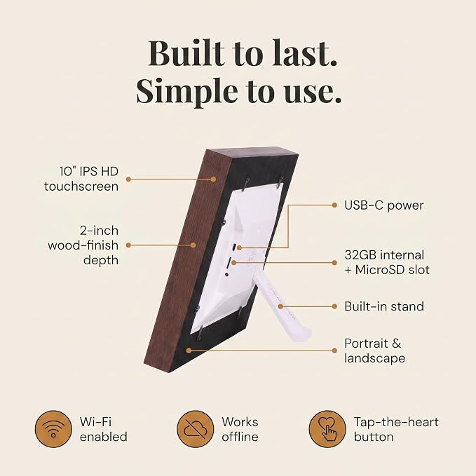 Heart Frame - 10.1 Inch WiFi Digital Picture Frame - Frameo App Sends Photos from Phone Anywhere in Seconds - 1280x800 IPS Touchscreen - 32GB Memory - Photo Gift for Mom Dad Wife Grandparents - Brown