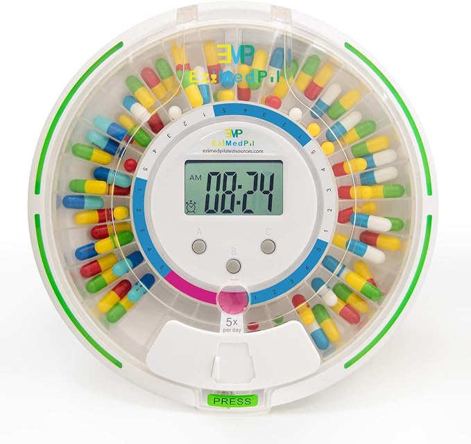 EziMedPil Automatic Pill Dispenser with Alarm for the Elderly | 28-Day Clear Lid & LCD Display Monitoring Pill Organizer with Sound-Light Reminders, 6 Daily Alarms & Lock Design for Pills