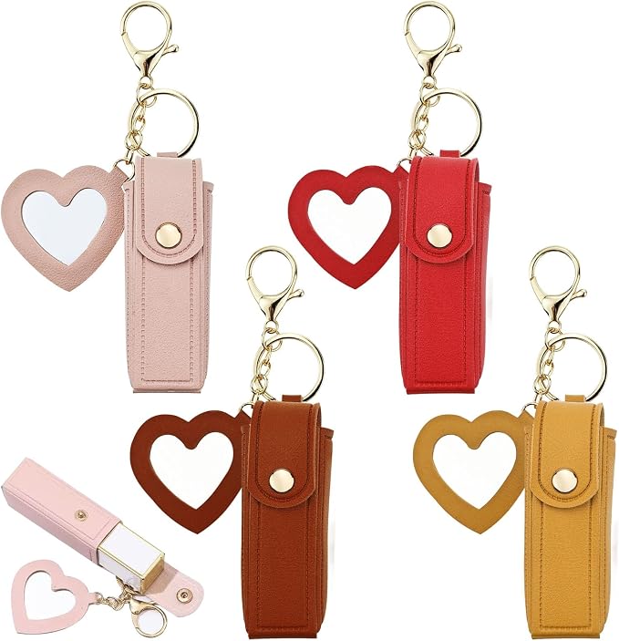 Arvintas 4 PACK PU Leather Potable Chapstick Holder Key Chain Bulk with Mirror, Lipstick Keychain, Lip Balm Organizer Holder Lipstick Travel Makeup Storage Case for Women Girls (Style 2)