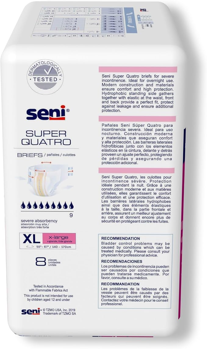 Seni Super Quatro Unisex Adult Incontinence Briefs with Tabs, Size X-Large (55"-67"), 16 Count (2 Packs of 8), Severe Absorbency, Disposable Overnight Briefs for Men & Women