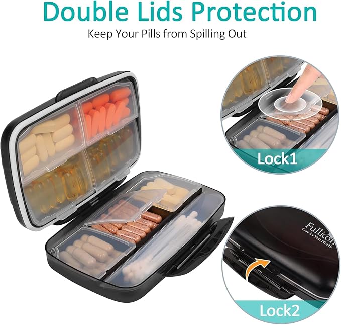 Travel Pill Organizer Large Portable Medication Fullicon Oversize 8 Compartment Pill Box, Vitamin Travel Case Pill Holder - Airtight & Moistureproof (Black)