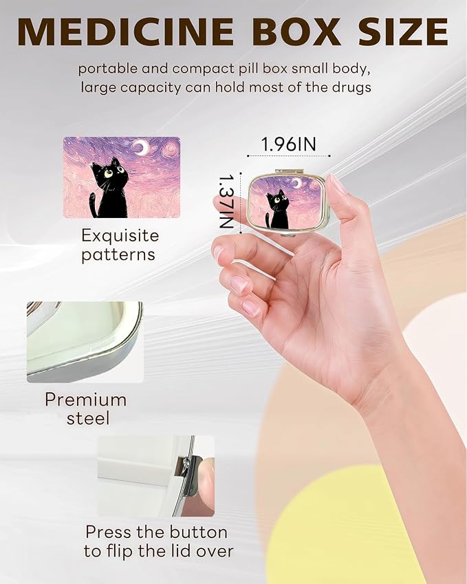 LRITER Pill Case, 2 Compartment Portable Small Travel Pill Organizer for Purse and Pocket, Stylish Medicine Case with Multiple Patterns, Daily Pillbox for Home & Travel (Pink Starry Sky Cat)