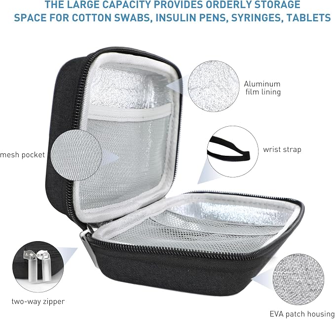 suzamed Insulin Cooler Travel Case,EVA Insulation Travel Medicine Kit with 2 Ice Packs for Diabetes Care,Insulin Pen and Other Diabetic Supplies (Black)