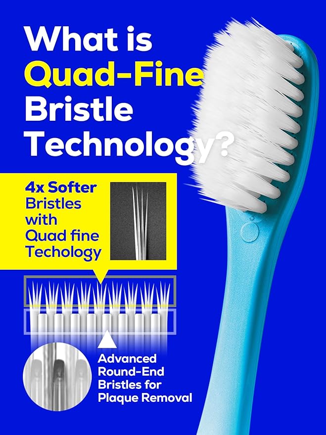 Soft Toothbrush Pack, 5 Count, Advanced Quad-fine Bristles Technology, Tapered Bristles for Sensitive Teeth, Gums & Deep Plaque Removal, Self Flossing Manual Toothbrushes, Assorted Colors