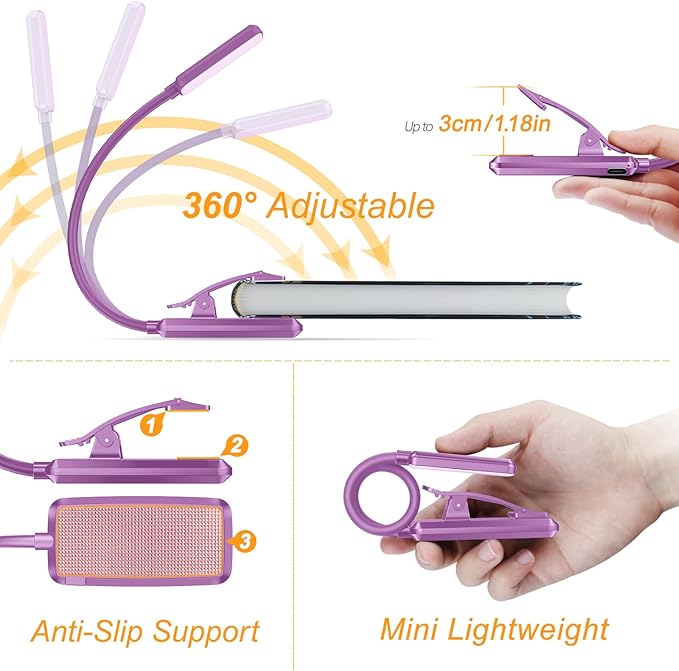 Gritin 9 LED Rechargeable Book Light for Reading in Bed - Eye Caring 3 Color Temperatures,Stepless Dimming Brightness,80 Hrs Runtime Small Lightweight Clip On Book Reading Light-Dark Purple