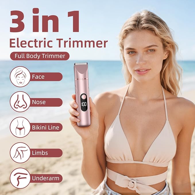 Bikini Trimmer for Women, Painless Lady Shavers with Facial Hair Removal and Nose Hair Trimmer for Leg, Nose,Body and Armpit (Rose Gold)