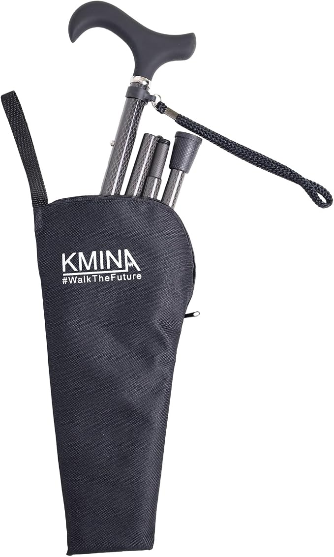 KMINA Folding Cane for Men and Women (Carbon Fiber), Soft Grip, Adjustable Height, Lightweight, Black, PRO Model