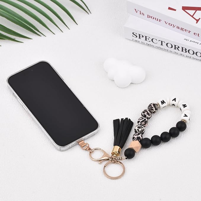 BAOSIWA Silicone Key Ring Bracelet Wristlet Keychain Unique Beaded Bangle Key Chains for Women with Leather Tassel