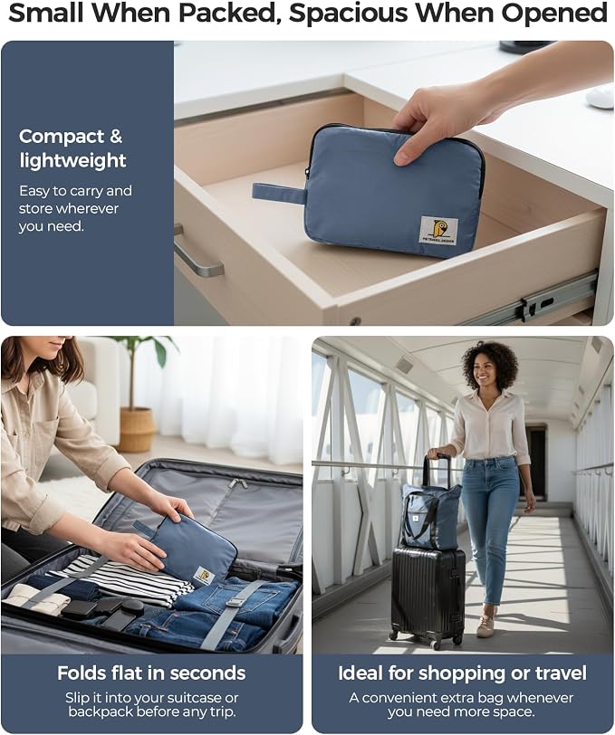 Foldable Travel Bag, 26L Lightweight Weekender Duffel, Expandable Second Carry-On Bag for Travel & Shopping, Water-Resistant Personal Item Bag, Mist Blue