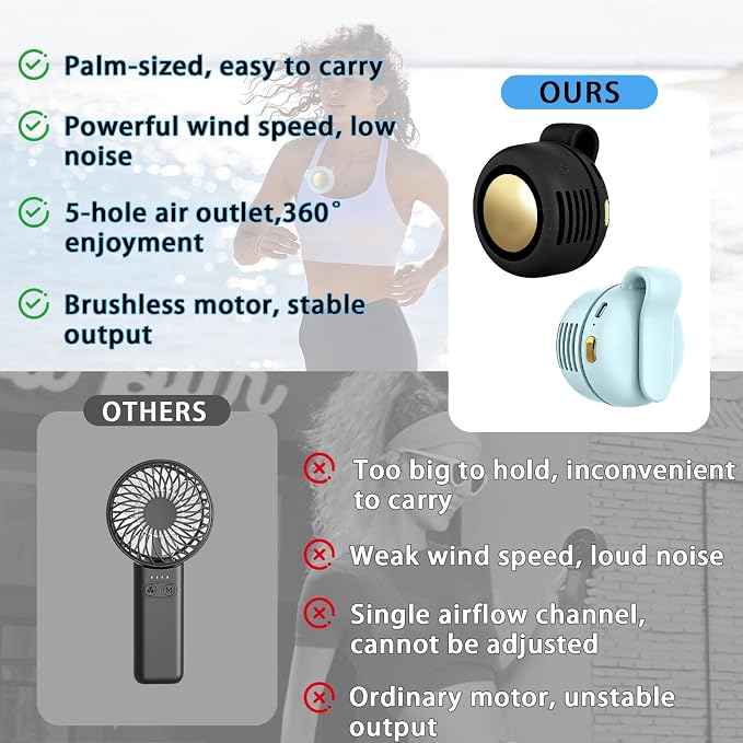 Portable Clip-On Fan, Mini USB Rechargeable 360° Rotatable Fan, Personal Fan 3-Speed Silent Mini Bladeless Fans (2 pack（Black and Blue）)