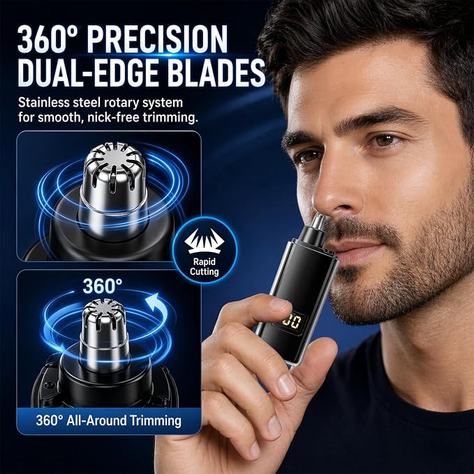Portable Nose Hair Trimmer for Men Women, Update Ear and Nose Hair Trimmer Clipper, Waterproof Dual Edge Blades Nasal Trimmers with LED Display, USB-C Rechargeable Facial Hairs Remover, Mini Size