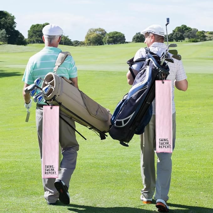 Swing Swear Repeat Embroidered Pink Golf Towel, Funny Towels for Golf Bags with Clip, Mother Day Retirement Birthday Gifts for Grandma Mom Sister Aunt Golfer Sport Lover, Ladies Golf Towel
