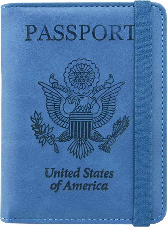 ACdream Passport and Vaccine Card Holder Combo, Cover Case with CDC Vaccination Card Slot, Leather Travel Documents Organizer Protector, with RFID Blocking, for Women and Men, C - Light Blue,