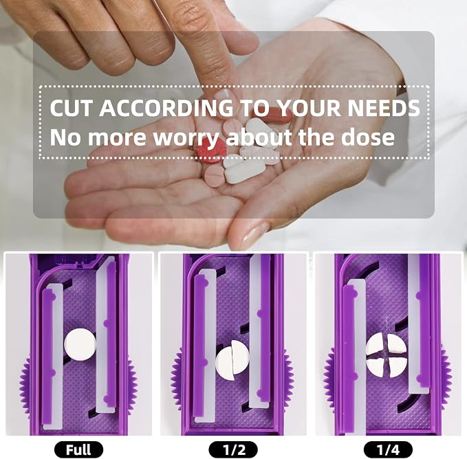 Multiple Pill Splitter, Adjustable Pill Cutter, Stainless Steel Cutting Blade & Blade Guard, with Accurate Pill Alignment, for Cutting Small Pills or Large Pills in Half (Purple)