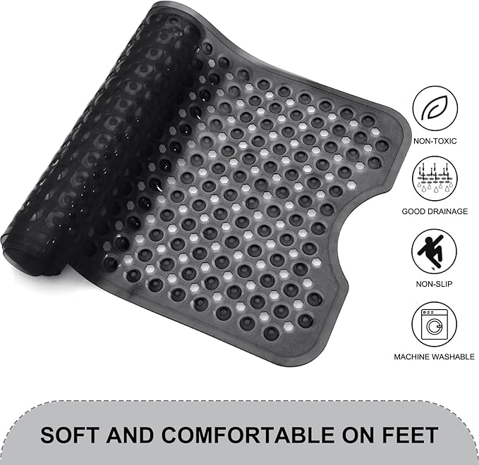 Bath Tub and Shower Mats, Non Slip 40 x 16 Inch Extra Large Bathtub Mat, Machine Washable Bathmat with Drain Holes, Suction Cups for Bathroom Floor, Clear Black