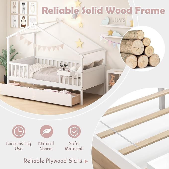 Giantex Twin House Bed with Drawers, Wooden Twin Bed Frame with Cube Storage & Fence Rails, Montessori Beds for Kids Boys, Girls, Bedroom, Living Room, No Box Spring Needed, White