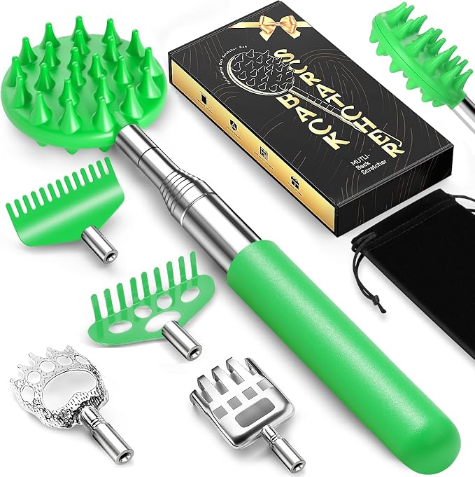 Telescoping Back Scratcher with 5 Detachable Heads, Gift for Men Green | 10-30" Reach, Stainless Steel Pole, Rubber Grip, Christmas Stocking Stuffers, White Elephant, Anniversary and Birthday Gift