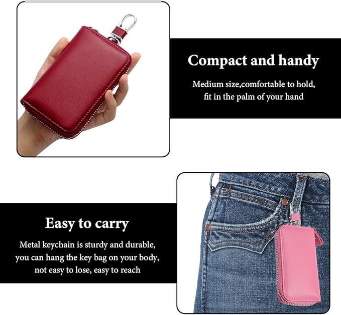 Leather Car Key Holder Bag, Unisex Key Fob Case with 6 Hooks, Zipper Closure Keychian Case Wallet for Smart Keys (Pink)