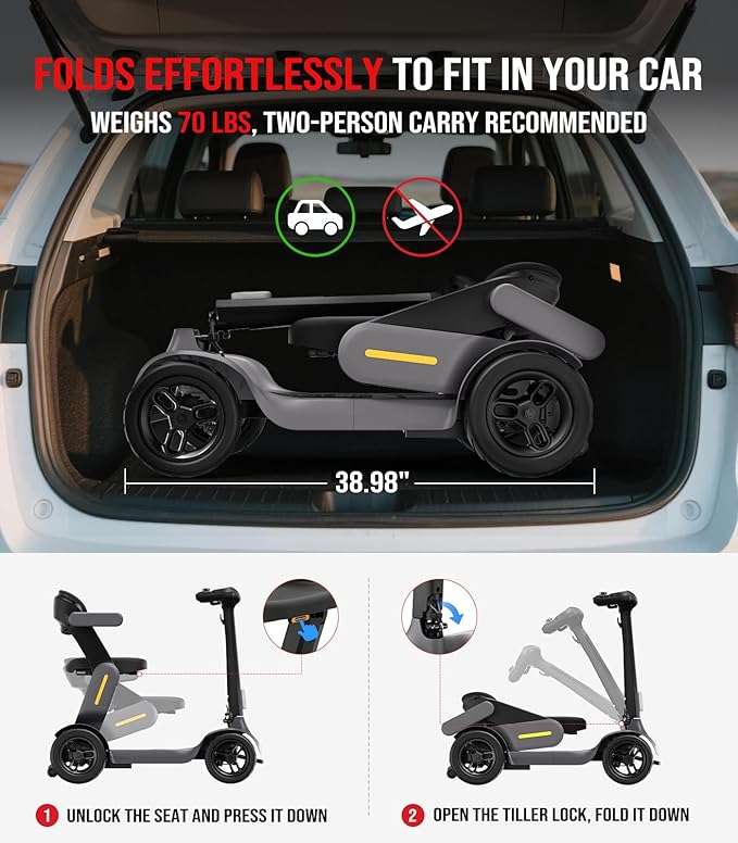 S3 Folding Mobility Scooter for Seniors & Adults – 4-Wheel All-Terrain Electric Scooter, 25 Mile Range, 6 MPH, 265 lb Capacity, Reverse, LED Lights & Basket – Gray