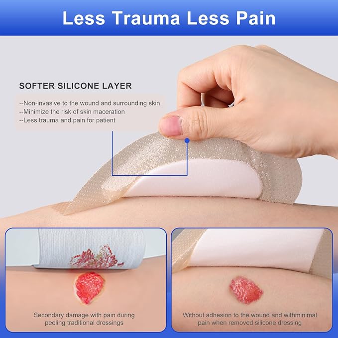 Sacral Foam Dressing 7.1" x 8" (10 Count), Sacrum Silicone Foam Dressing with Border, Bed Sore Bandages Large Wound Care Pads