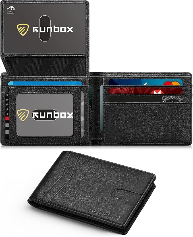 RUNBOX Wallet for Men -Slim Rfid Leather Mens Bifold Novelty Wallets 2 ID Window With Gift Box Men's Accessories | Minimalist Front Pocket Design, Holds 15 Cards, Large Capacity with Cash Pocket,Compact and Thin, Birthday Gifts for Men