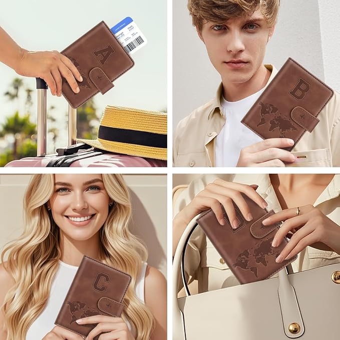 Passport Holder Wallet Cover Personalized Initial Travel Essentials | Embossed Letter A-Z Design, Travel Wallets, RFID Blocking, Passport Book Holders, Women Men, Personalized Gifts, Brown-A