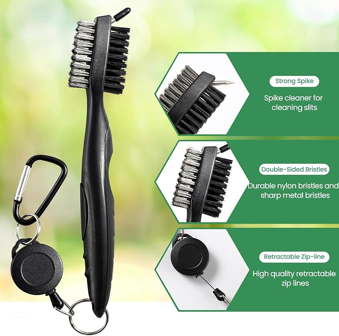 POIKSHARK Golf Club Brush and Club Groove Cleaner with Retractable Zip-line and Aluminum Carabiner Cleaning Tools