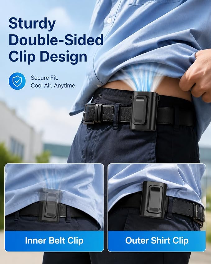 Portable Waist Fan, Ultra Lightweight Wearable Clip On Fan for Shirt, Mini Personal Neck Fan for Travel, Hands Free Belt Fan with Strong Airflow, Rechargeable Small Body Fan for Women & Men
