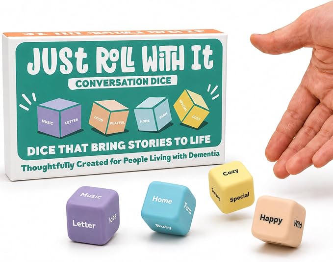 Just Roll With It Conversation Dice | Dementia Activities for Seniors | Alzheimer’s & Dementia Story Dice Cubes | Great for Individuals Living with Dementia, Families and Caregivers