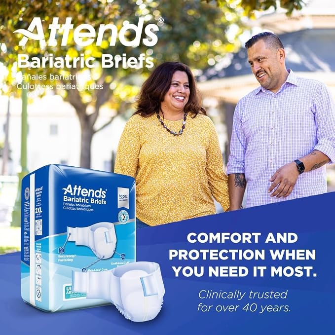 Attends Bariatric Incontinence Disposable Briefs, XX-Large, 63"-70" Waist with Tab Closures, Ultimate Absorbency, Dry-Lock Containment Core and ConfidenceCuff Leakage Protection, 2XL 12ct Bag
