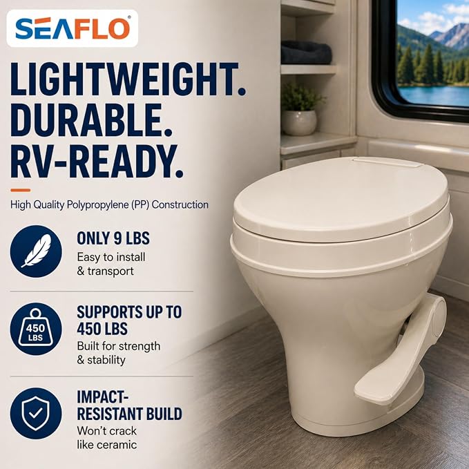 SEAFLO Residential Height Bone Camper/RV Toilet with Sprayer Attachment, 18.5” Standard Height, Gravity Flush System, Pedal Operation, Soft Close Seat, 4-Year Warranty (Bone W/Sprayer Attachment)