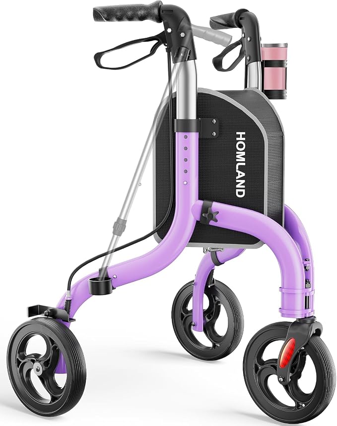 HOMLAND Foldable 3 Wheel Walkers for Seniors, Lightweight 10.4 lbs | with Cane & Cup Holder, Height Adjustable, 8'' big wheel, Lavender