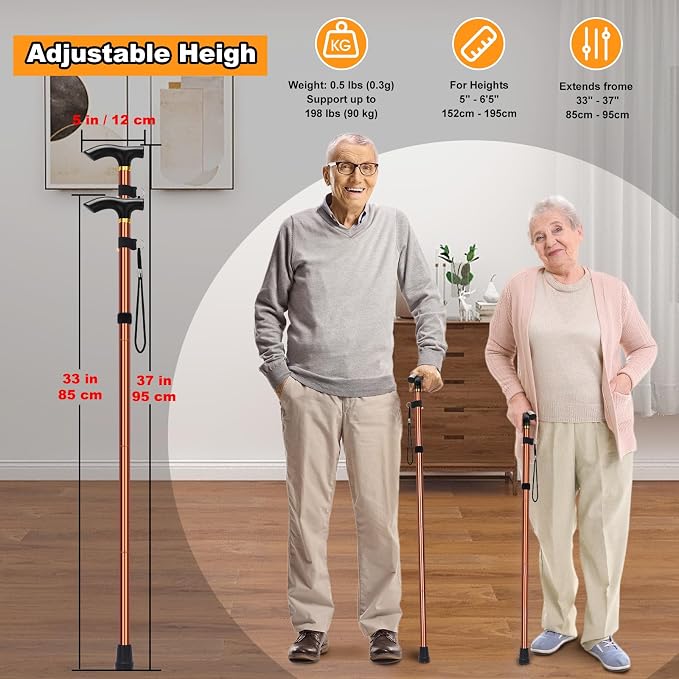 MFE Folding Cane, Portable 5-Level Adjustable Height Walking Stick with Foldable Design, Wrist Strap, and T Handle for Men and Women