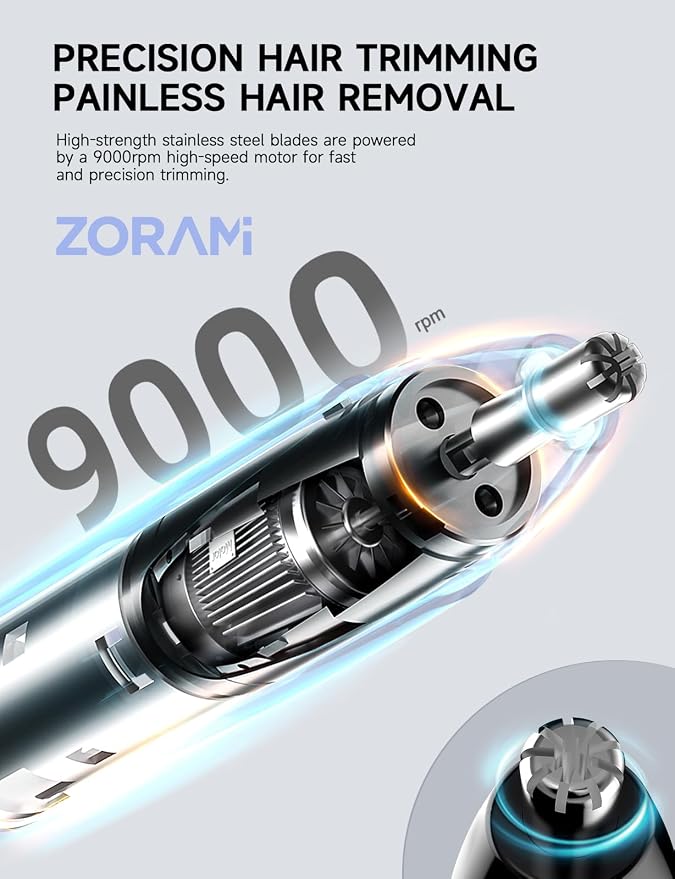ZORAMI Rechargeable Ear and Nose Hair Trimmer - 2026 Professional Painless Eyebrow & Facial Hair Trimmer for Men Women, Powerful Motor and Dual-Edge Blades for Smoother Cutting Black