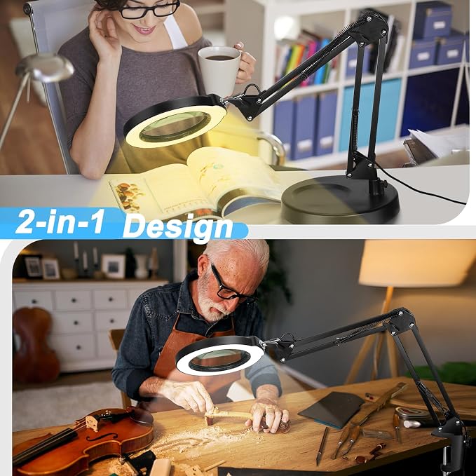 Coyeth 12X Magnifying Glass with Light and Stand, 5 Color Modes Stepless Dimmable 2-in-1 Lighted Magnifier with Clamp, LED Desk Lamp Hands Free for Crafts Hobby Reading Painting Sewing Close Work