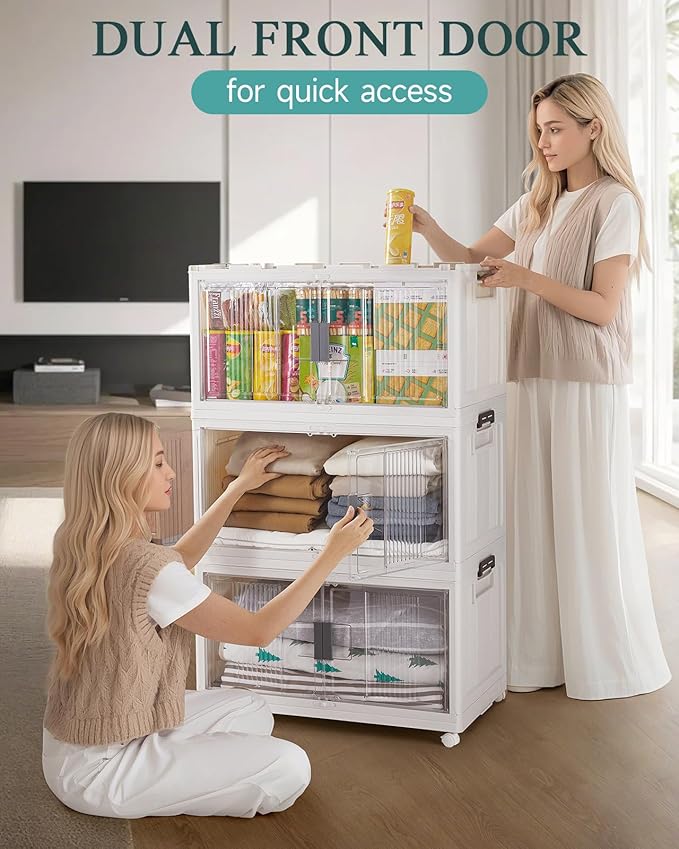 OlarHike 97QT Stackable Storage Bins with Lids - Folding Storage Box with Doors and Wheels, Collapsible Plastic Storage Drawers for Closets and Organization, Garage, 3 Pack Cubes, Gifts for Family