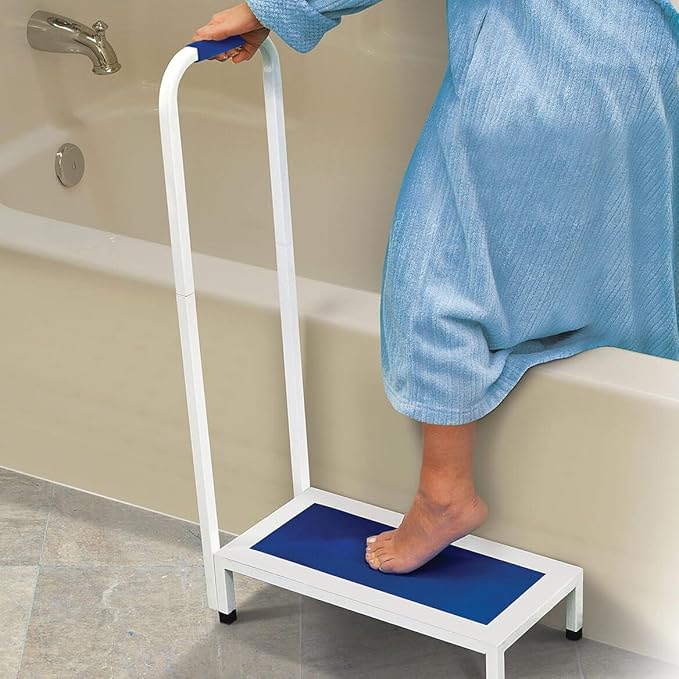 Support Step Stool with Handle, 21.25” L x 9.75” W x 34.25” H with 5” Step Height – Durable Steel Construction with Rubber Feet, Non-Slip Textured Step Platform for Seniors