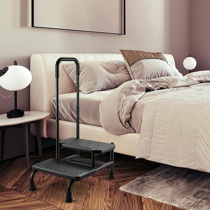 Step Stool with Handle, Non Slip Platform and Adjustable Handrail, Two Step Stool for Ederly, Adults and Handicap, Heavy Duty Foot Stool for High beds, Kitchen, Bathtub